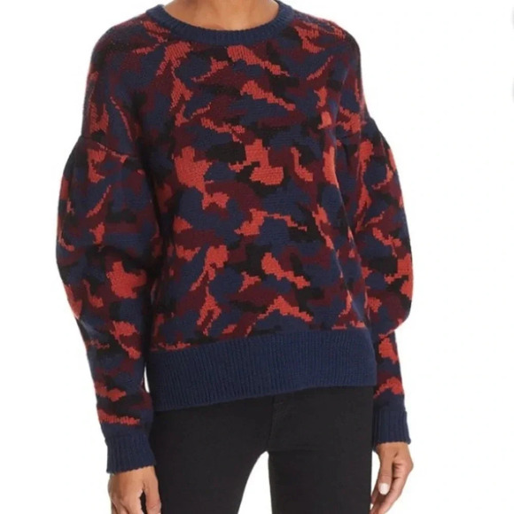 JOIE Brycen Camo Wool Crewneck Puff Sleeve In Midnight Size Small - Picture 2 of 11